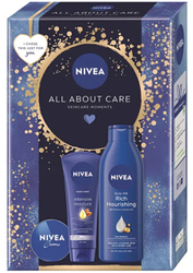 Fotoja e Set për femra Nivea All About Care, qumësht trupi 250 ml + krem për duar 75 ml + krem për lëkurë 30 ml