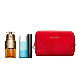 Fotoja e Set për sy Clarins Double Serum Eye Collection, serum rinues për sy 20 ml + largues dyfazësh grimi për sy 30 ml + maskarë për qerpikë 3 ml + çantë kozmetike