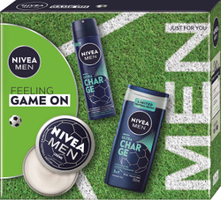 Fotoja e Set për meshkuj Nivea Feeling Game On, xhel dushi 250 ml + antiperspirant sprej 150 ml + krem universale për lëkurë 150 ml