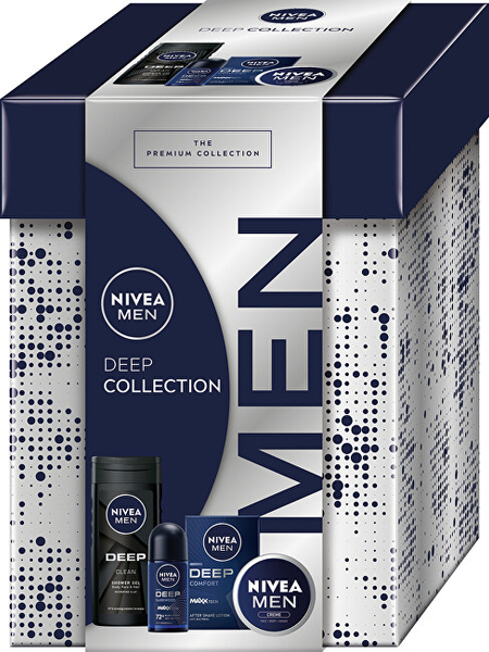 Fotoja e Set për meshkuj Nivea Deep Collection, xhel dushi për trup 250 ml + losion pas rrojës 100 ml + krem universal për lëkurë 75 ml + antiperspirant roll-on 50 ml