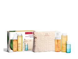 Fotoja e Set Shkumë pastruese 150 ml + Losion tonifikues 200 ml +	Heqës grimi dyfazor për sytë 30 ml + Çantë kozmetike Clarins