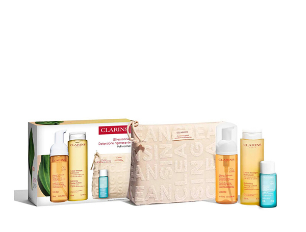 Fotoja e Set Shkumë pastruese 150 ml + Losion tonifikues 200 ml +	Heqës grimi dyfazor për sytë 30 ml + Çantë kozmetike Clarins