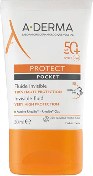 Fotoja e Lëng mbrojtës ndaj diellit A-Derma SPF 50 Protect Pocket (Vey High Protection Invisible Fluid), 30 ml