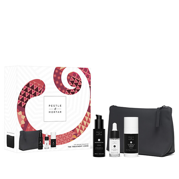 Fotoja e Set për kujdesin e lëkurës Pestle & Mortar The Treatment Icons, serum me acid hialuronik 15 ml + serum me vitaminë C 40 ml + vaj ushqyes për natën 30 ml + çantë kozmetike