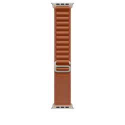 Fotoja e Apple Watch 49mm Loop, Terra Cotta Alpine Loop, Medium, Natural Titanium Finish
