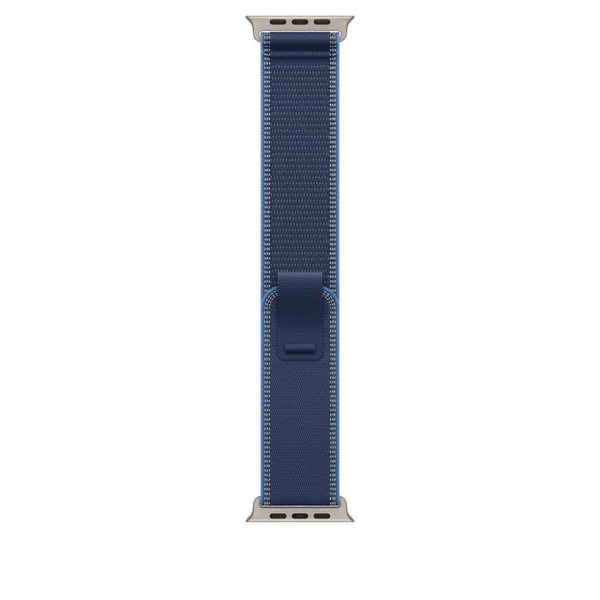 Fotoja e Apple Watch 49mm Loop, Blue/Bright Blue Trail Loop, S/M, Natural Titanium Finish