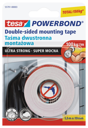 Двострана леплива лента Tesa Powerbond, 1,5m x 19mm