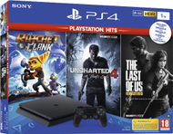 Konzolë PlayStation 4 Slim, 1TB, e zezë + Videolojëra PS Hits (The Last of Us, Uncharted 4, Ratchet and Clank)
