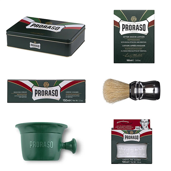 Set për rrojë Proraso Eucalyptus, Krem rroje freskues eukalipt 150 ml + Krem freskues eukalipt para dhe pas rruajtjes 100 ml + Losion pas rrojës 100 ml + Furçë dhëmbësh rroje +
Turi rroje me mbajtëse