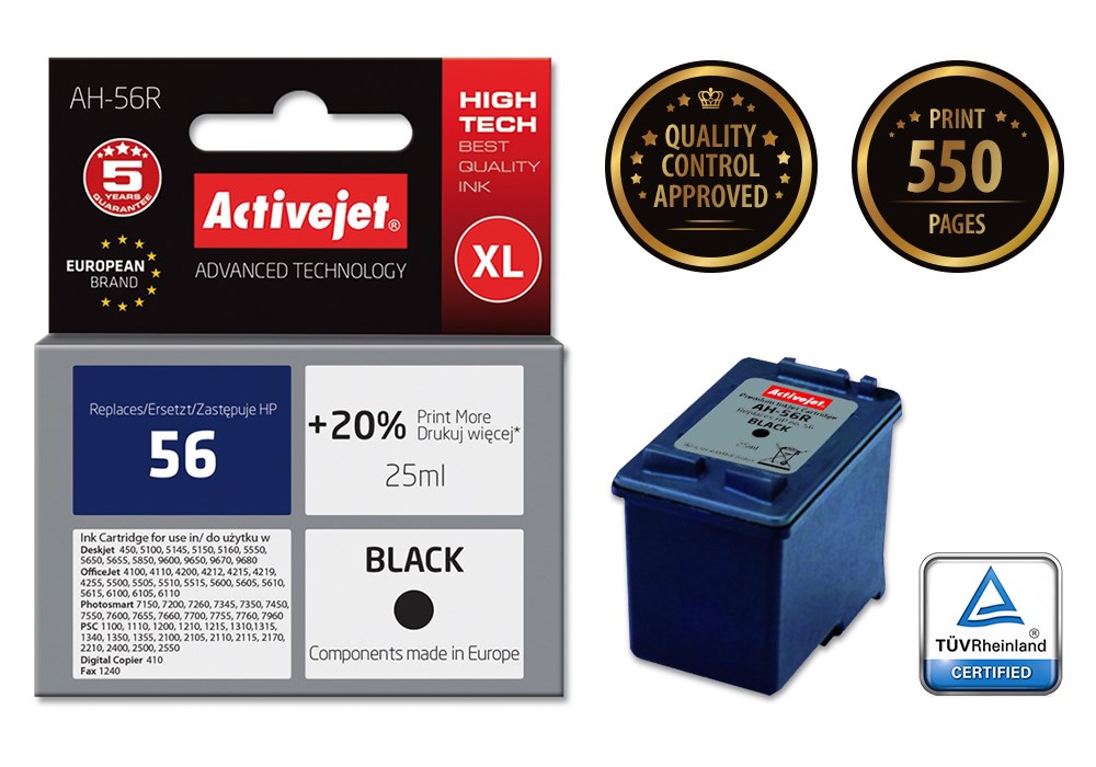 Ngjyrë për printer Activejet AH-56R (zëvendësim për HP 56 C6656A), 25 ml, e zezë