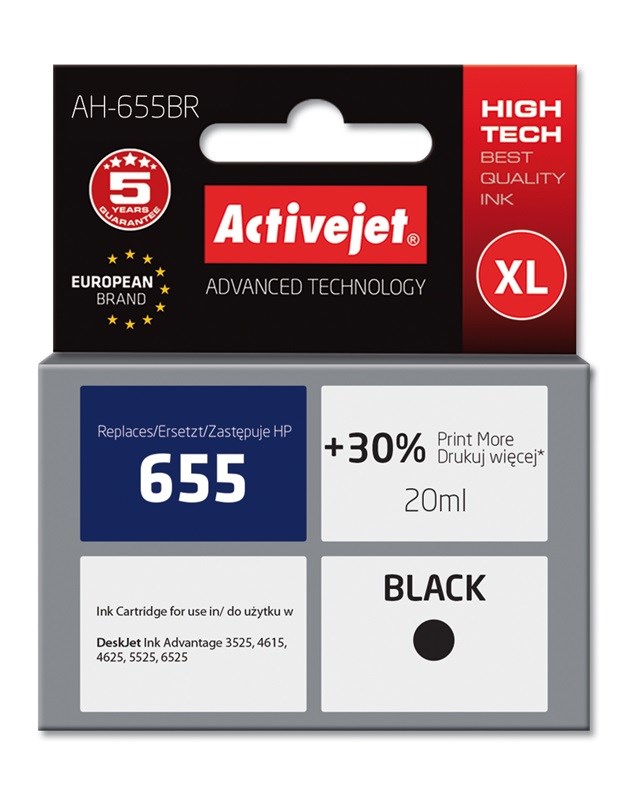Ngjyrë për printer Activejet AH-655BR (zëvendësim për HP 655 CZ109AE), 20 ml, e zezë Ngjyrë për printer Activejet AH-655BR (zëvendësim për HP 655 CZ109AE), 20 ml, e zezë