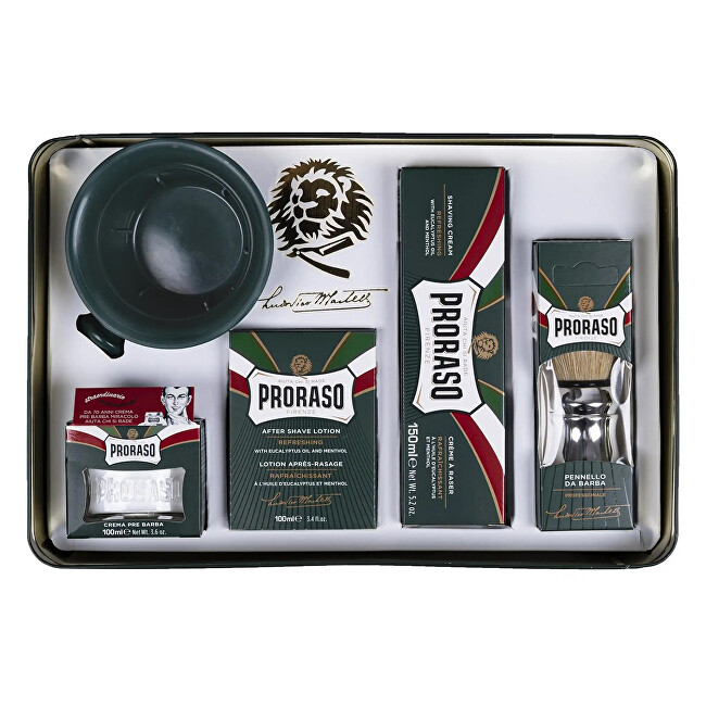 Set për rrojë Proraso Eucalyptus, Krem rroje freskues eukalipt 150 ml + Krem freskues eukalipt para dhe pas rruajtjes 100 ml + Losion pas rrojës 100 ml + Furçë dhëmbësh rroje +
Turi rroje me mbajtëse