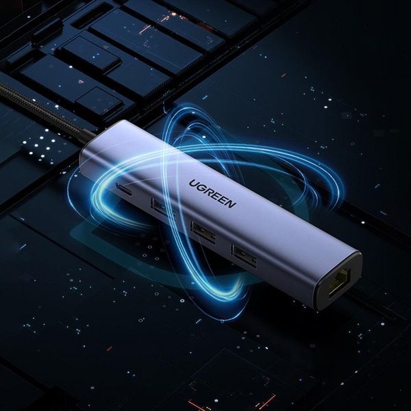 USB Hub Ugreen, RJ45 + USB C + 3 x USB A 3.0, e hirtë