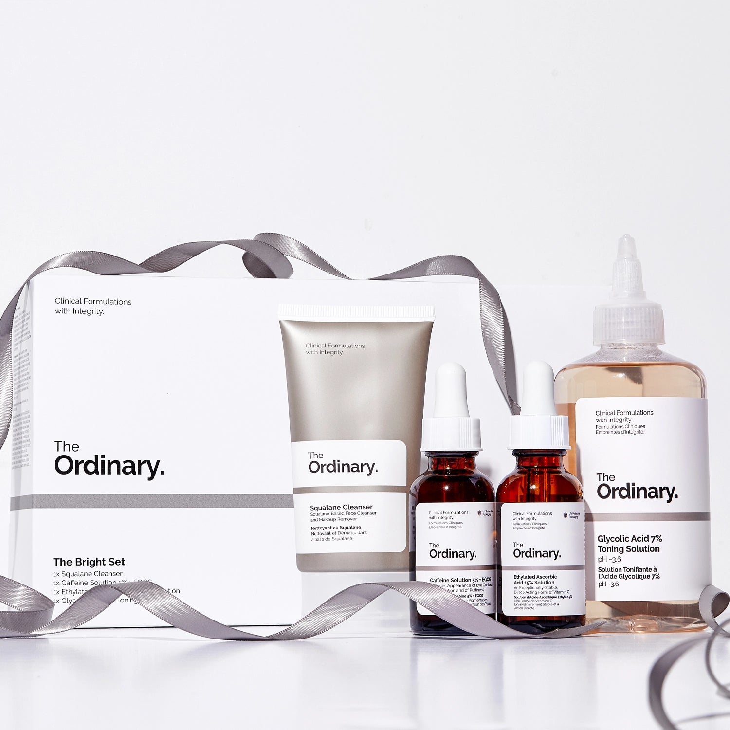 Set The Ordinary The Bright Set, Pastrues Squalene, 50ml, Tonik Glycolic Acid 7%, 100ml + Serum Ethylated Ascorbic Acid 15%, 30ml + Serum për sy Caffeine Solution 5% + EGCG, 30ml