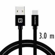 Kabllo tekstili Swissten USB-C, 3.0m, e zezë