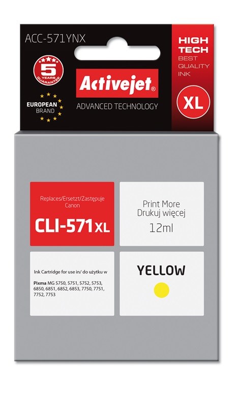 Ngjyrë për printer Activejet ACC-571YNX (zëvendësim për Canon CLI-571Y XL), 12 ml, e verdhë Ngjyrë për printer Activejet ACC-571YNX (zëvendësim për Canon CLI-571Y XL), 12 ml, e verdhë