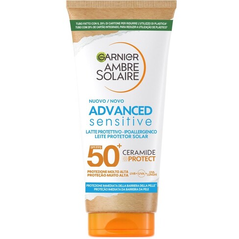 Losion mbrojtës ndaj diellit Garnier Ambre Solaire Advanced Sensitive Latte protettivo - Ipoallergenico Ceramide Protect, Spf/Fps 50+, 175 ml