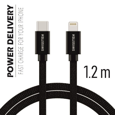 Kabllo tekstili Swissten USB-C / Lightning, 1.2m, e zezë