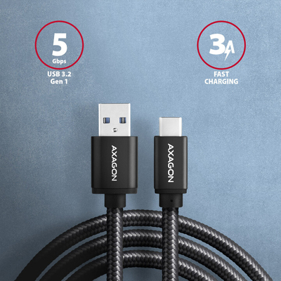 Kabllo AXAGON USB-A - USB-C SPEED USB3.2 Gen 1, 3A, 1m, e zezë