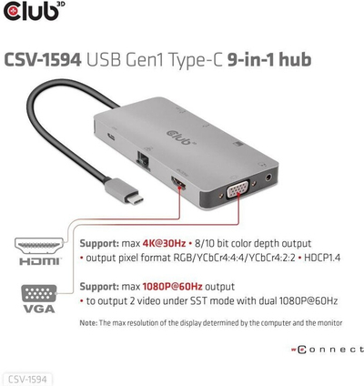 Club3D HUB USB-C 9v1, HDMI, VGA, 2x USB-A Gen1, RJ45, SD, PD 100W