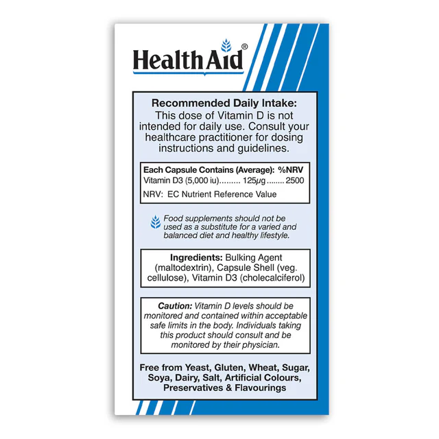 Kapsulat Vitamin D3 5,000iu HealthAid, 30 copë