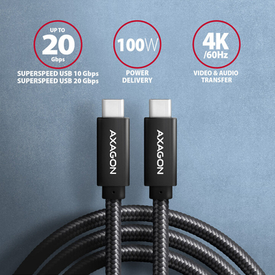 Kabllo AXAGON USB-C - USB-C SPEED+ USB3.2 Gen 2, PD100W 5A, 4K UHD, 1m, e zezë