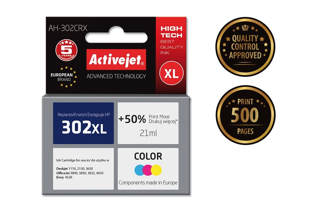 Ngjyrë për printer Activejet AH-302CRX (zëvendësim për HP 302XL F6U67AE), 21 ml, e kaltër / vjollcë /  e verdhë