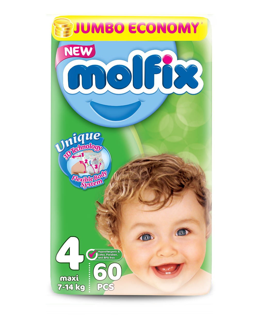 Pelena Molfix jumbo, 4 maxi /7-18kg 60*3