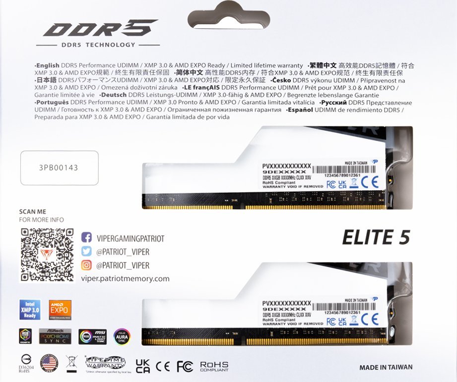 Memorie Patriot Viper Elite 5, DDR5, 32 GB, 6200 MHz, CL42, PVER532G62C42KW
