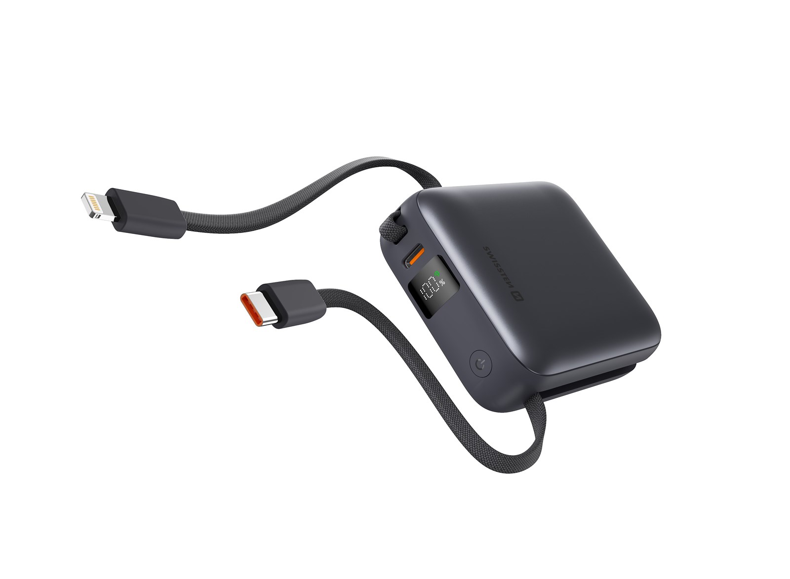 Power Bank Swissten 10000 mAh me kabllo, USB-C dhe  Lightning, i argjendtë