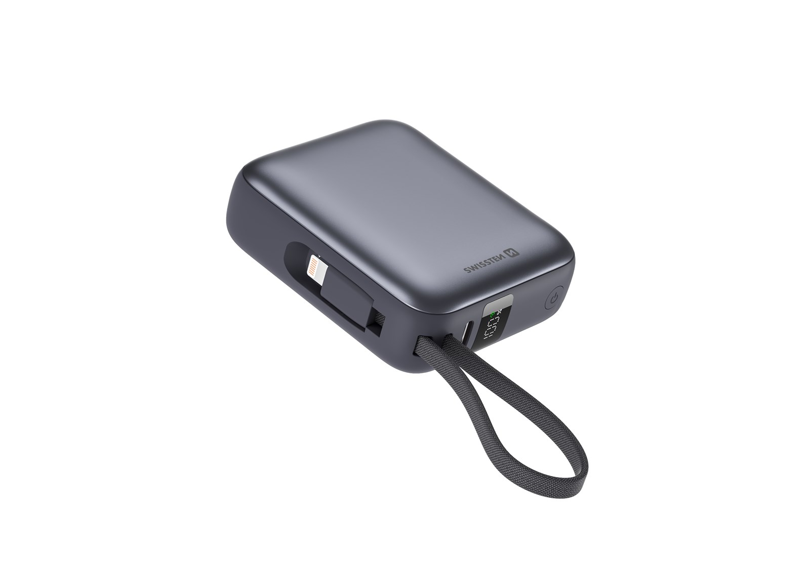 Power Bank Swissten 10000 mAh me kabllo, USB-C dhe  Lightning, i argjendtë