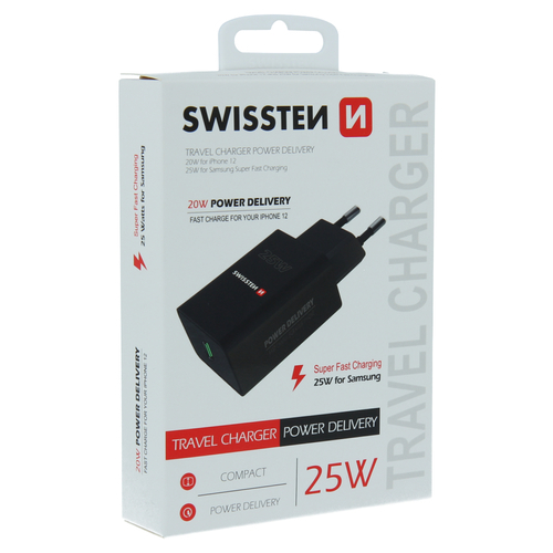 Karikues SWISSTEN për iPhone a Samsung, USB-C, PD, 25W, i zi Karikues SWISSTEN për iPhone a Samsung, USB-C, PD, 25W, i zi