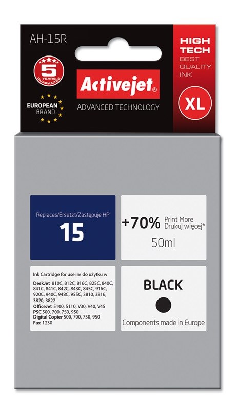 Ngjyrë për printer Activejet AH-15R (zëvendësim për HP 15 C6615N), 50 ml, e zezë