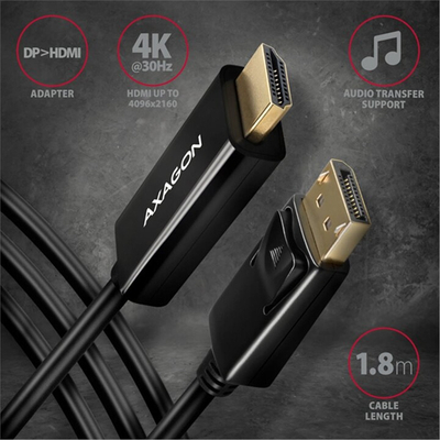 Kabllo AXAGON DisplayPort - HDMI 1.4, 4K @ 30Hz, 1.8 m
