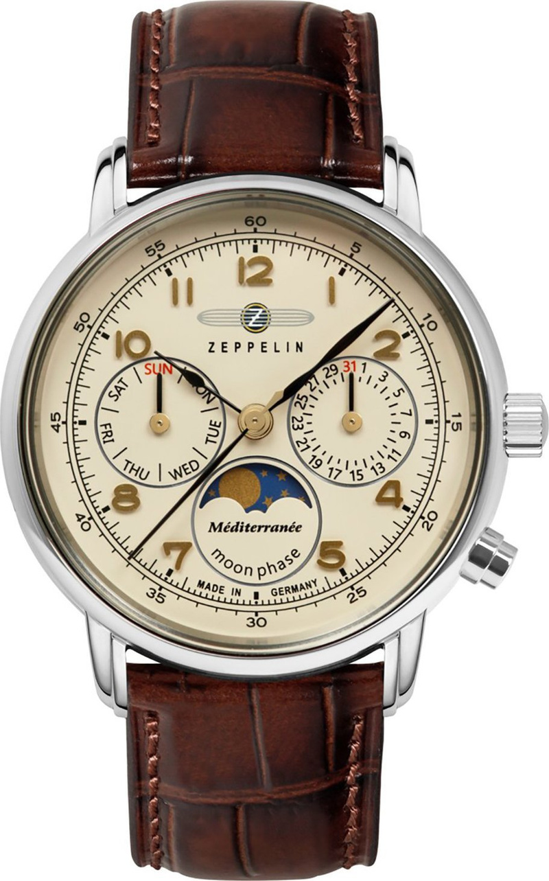 Orë dore për gra Zeppelin Mediterranee Moonphase Lady 9637-5, quartz, rezistente ndaj ujit 50m, bezhë kafe