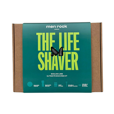 Set rroje për meshkuj Men Rock London The Life Shaver - Krem rroje Sicilian Lime 100 g + makinë rroje + 5 brisqe + 5 tehe brisku + furçë rroje