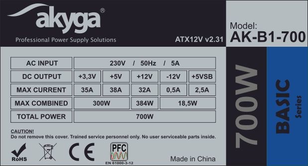 Извор на енергија Akyga AK-B1-700, 20+4 pin ATX, 700 W