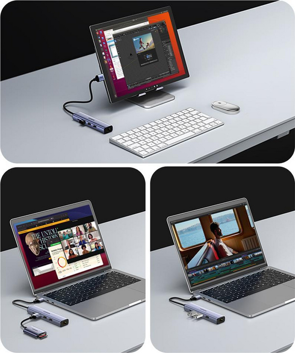 USB Hub Ugreen, RJ45 + USB C + 3 x USB A 3.0, e hirtë