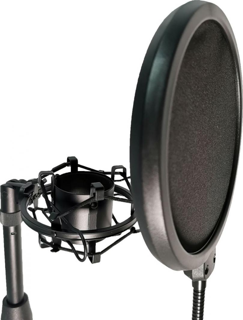 Set mikrofoni Mozos: Bazë për tavolinë, pop filter, rrjetë kundër dridhjeve (MCABLE-XLR-FTM), e zezë