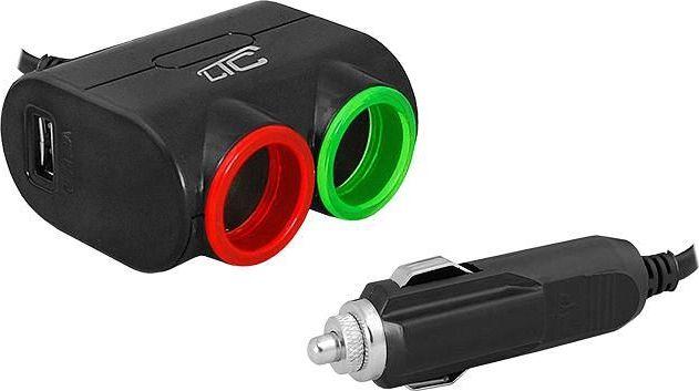 Adapter ndarës për veturë LTC, 2 priza + USB, 1.2 A, i zi