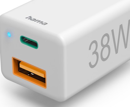 Karikues i shpejtë Hama, 1x USB-C PD, 1x USB-A QC, mini karikues, 38 W, i bardhë
