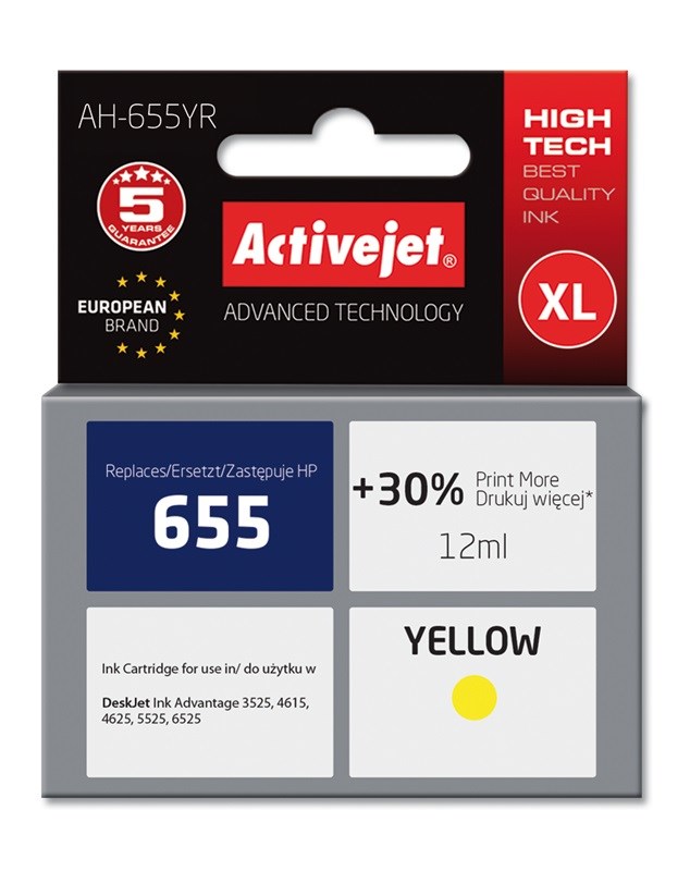 Ngjyrë për printer Activejet AH-655YR (zëvendësim për HP 655 CZ112AE), 12 ml, e verdhë Ngjyrë për printer Activejet AH-655YR (zëvendësim për HP 655 CZ112AE), 12 ml, e verdhë