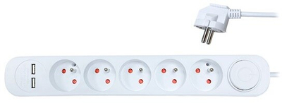 Kabllo zgjatëse Solight, 5 priza, USB 2.4A, 3 x 1mm2, ndërprerës, 3m, e bardhë