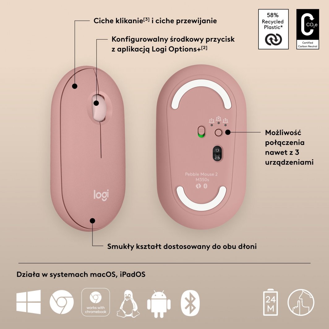 Maus Logitech Pebble, wireless, Bluetooth, rozë
