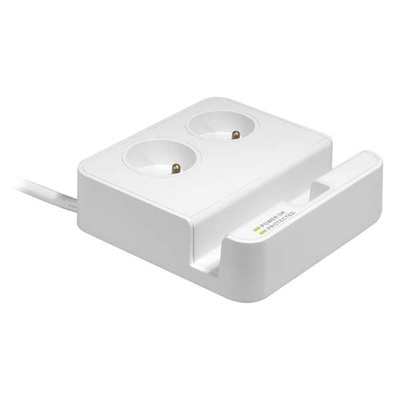Kabllo vazhduese Logo me mbajtëse telefoni, 2 priza, 3 x USB, e bardhë