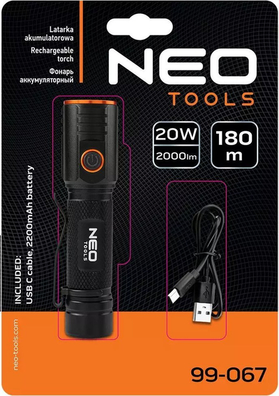 Elektrik dore i rikarikueshëm Neo Latarka (USB C, 2000 lm, CHN LED)