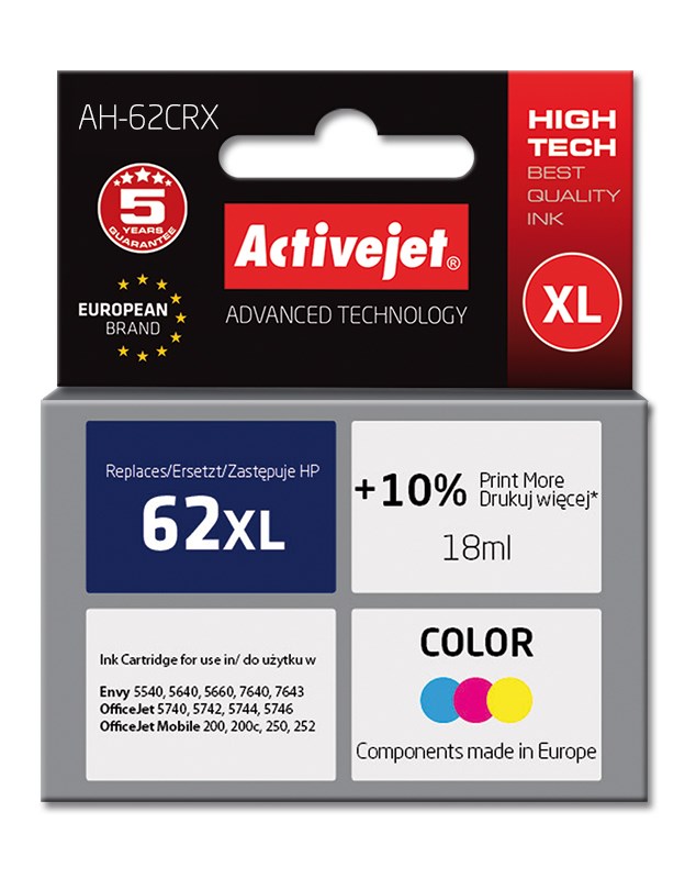 Ngjyrë për printer Activejet AH-62CRX (zëvendësim për HP 62XL C2P07AE), 18 ml, e kaltër / vjollcë /  e verdhë