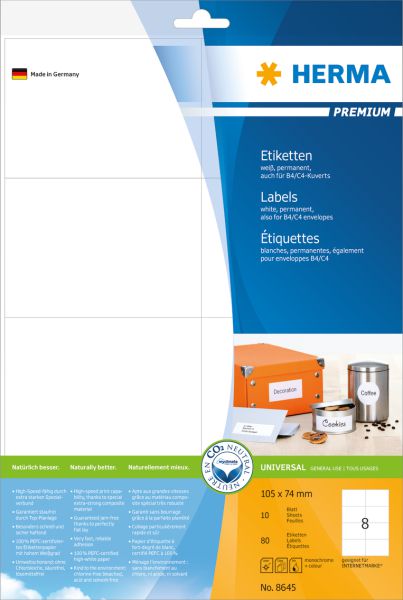 Etiketa vetëngjitëse Herma Premium 8645, A4, 105 x 74 mm, 80 copë, të bardha