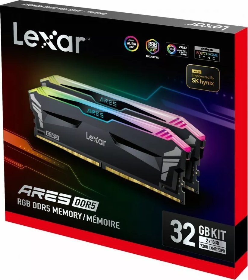 Memorie Lexar Ares RGB, DDR5, 32 GB, 7200 MHz, CL34, LD5U16G72C34LA-RGD