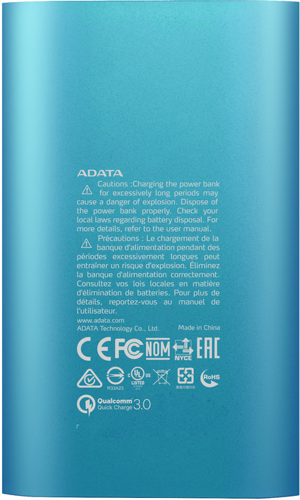 Powerbank ADATA A10050QC, 10,050 mAh, i kaltër